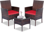 Patio Furniture Set 3 Pieces All-Weather Rattan Outdoor Furniture Patio Chairs with Tempered Glass Table for Porch Bistro Balcony Bistro Set(Brown/Red)