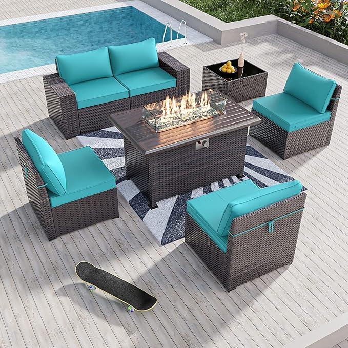 Kullavik 7 Pieces Outdoor Patio Furniture Set with 43" 55000BTU Gas Propane Fire Pit Table PE Wicker Rattan Sectional Sofa Patio Conversation Sets,Green Blue
