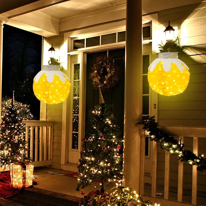 BRIGHTDECK Outdoor Christmas Ornaments, Lighted Pop-Up Outdoor Holiday Ball Decoration with 80 LED Lights, 8 Light Modes, Lighted Collapsible Holiday Decorations for Yard, Home (Yellow)