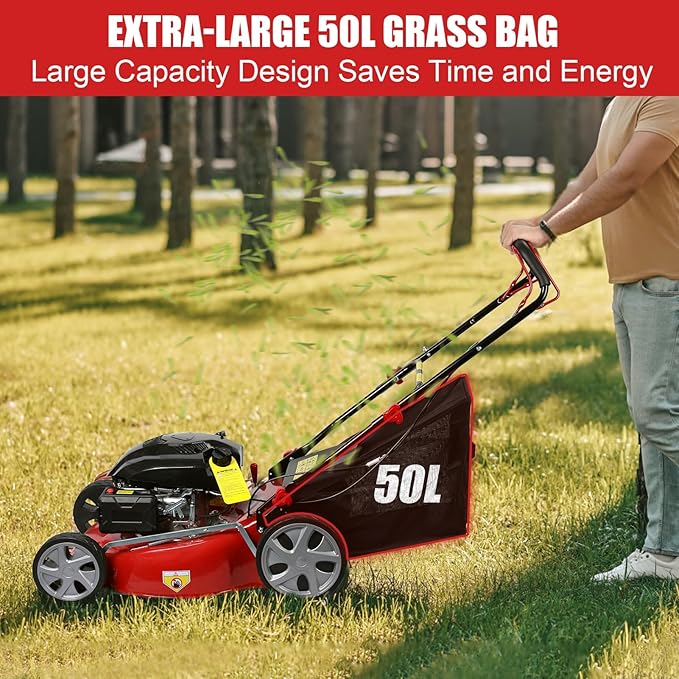Self Propelled Gas Lawn Mower, 141cc Gas Engine Walk-BehindLawn Mower Cordless Walk-Behind Lawns Mowers with 20 Inches Blade 50L Grass Tank Big Wheels Red