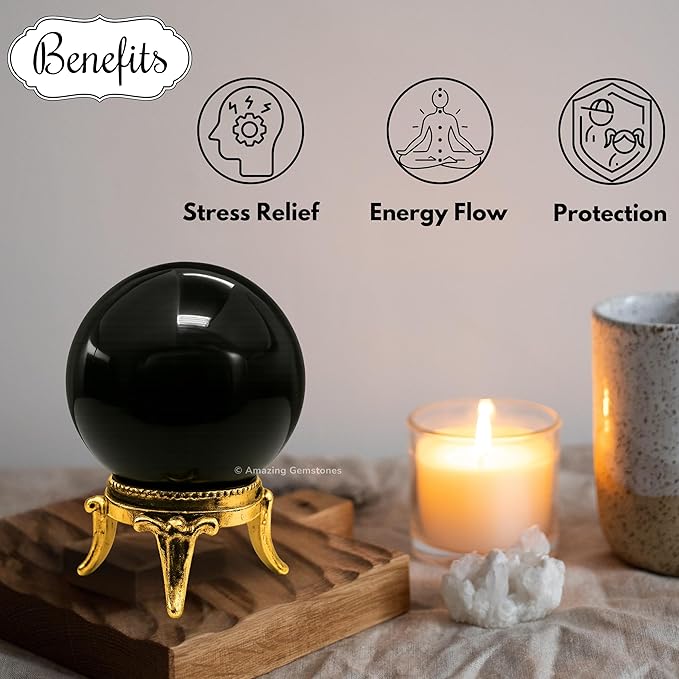 Amazing Gemstone Black Agate Crystal Ball with Stand - 2" Inches Crystal Sphere Meditation Balls for Witchcraft and Decorative Balls