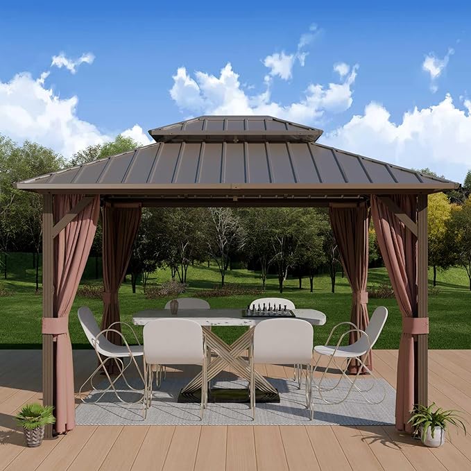 10'x12' Hardtop Gazebo, Outdoor Aluminum Frame Galvanized Steel Double Roof Pavilion with Netting and Shaded Curtains, Permanent Metal Pergolas for Patio, Backyard, Deck and Lawns.