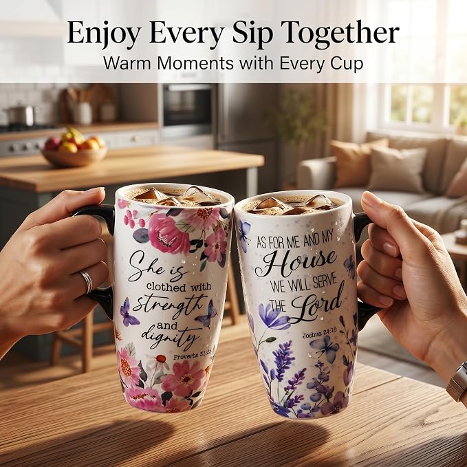 Topadorn Christian Mug Gift Set of 2, 17oz Ceramic Travel Mug | Proverbs 31:25 & Joshua 24:15 Bible Verse Coffee Cups, Gift Boxes Included