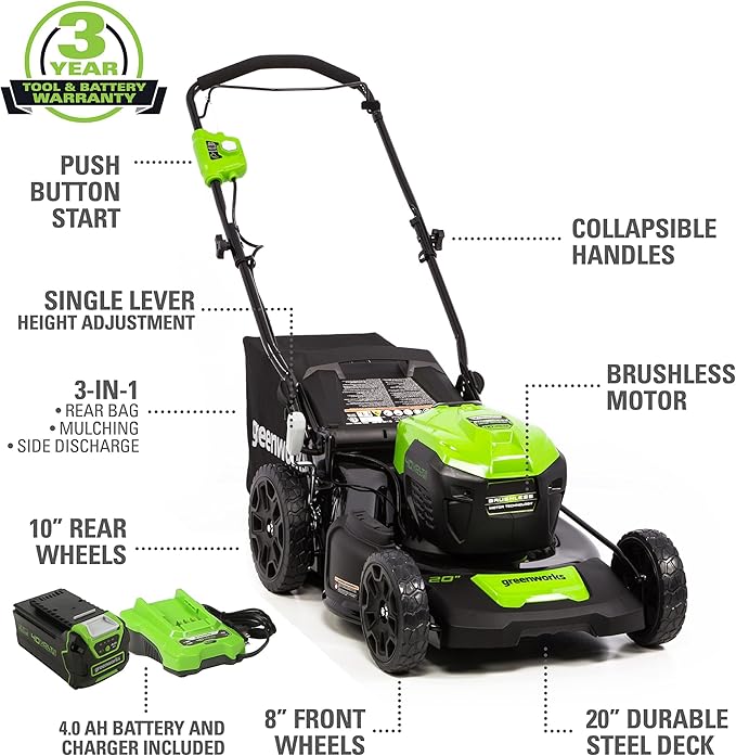 Greenworks 40V 20" Cordless Push Lawn Mower Bundle with Axial Leaf Blower(500 CFM / 120 MPH), 12" String Trimmer, 5Ah + 2Ah Batteries & Chargers