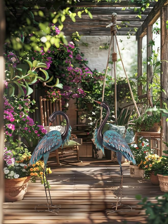 YEAHOME Garden Decor Outdoor Statues, 40"/37" Large Metal Heron Standing Yard Art, Blue Crane Lawn Sculptures Garden Decor for Outside Patio Porch Backyard, Set of 2