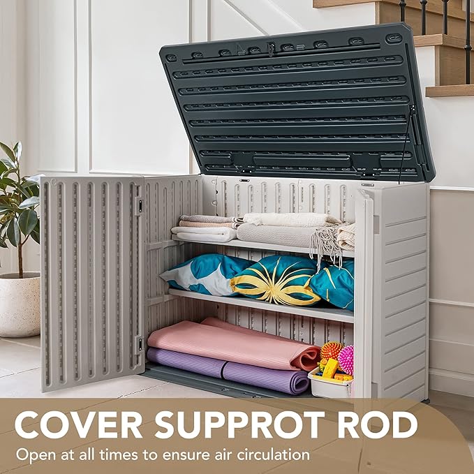 Devoko Resin Outdoor Storage Shed 34 Cu Ft Horizontal Outdoor Storage Cabinet Waterproof Patio Tools Storage Box for Sofa Cushion, Lawn Mower and Garbage Cans
