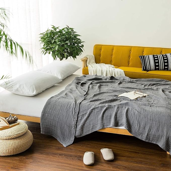EMME Cotton Blanket Muslin Throw Blanket for Couch Breathable Gauze Blanket All Season Soft and Lightweight Muslin Blankets for Adults (Grey, 50"x70")