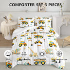 Axolotl Yellow Excavator Comforter Set Twin Size,Cartoon Excavator Bedding Set,Kids Machinery Truck Comforte Set,White Stripe Bedding Vehicle Car Decor for Kids Boys Teens,1 Quilt 2 Pillowcases