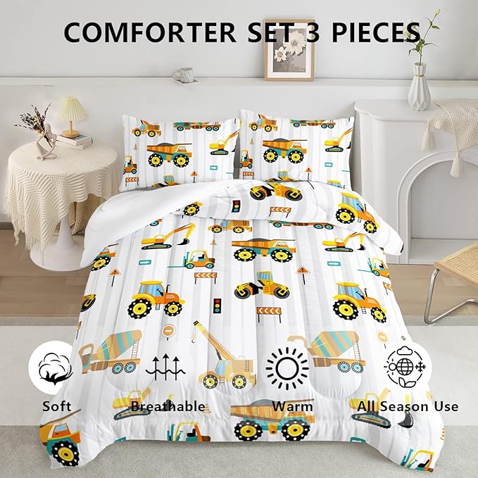 Axolotl Yellow Excavator Comforter Set Full Size,Cartoon Excavator Bedding Set,Kids Machinery Truck Comforte Set,White Stripe Bedding Vehicle Car Decor for Kids Boys Teens,1 Quilt 2 Pillowcases