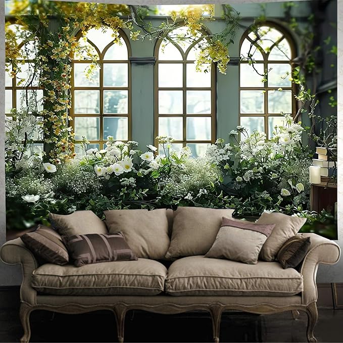FENDROM Window View White Flower Tapestry Nature Landscape Classic Flower Vine Wall Hanging Party Decorations For Bedroom Living Room Dorm