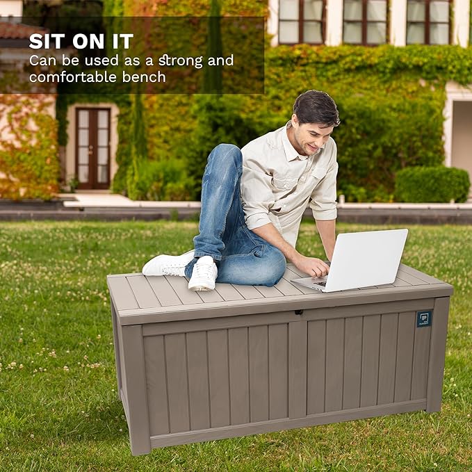 Outdoor Storage Box, 180 Gallon Deck Boxes Outdoor Waterproof, Resin Waterproof Deck Box for Patio Furniture Outdoor Cushions Garden Tools and Pool Storage (Light Brown,180 Gallon-)