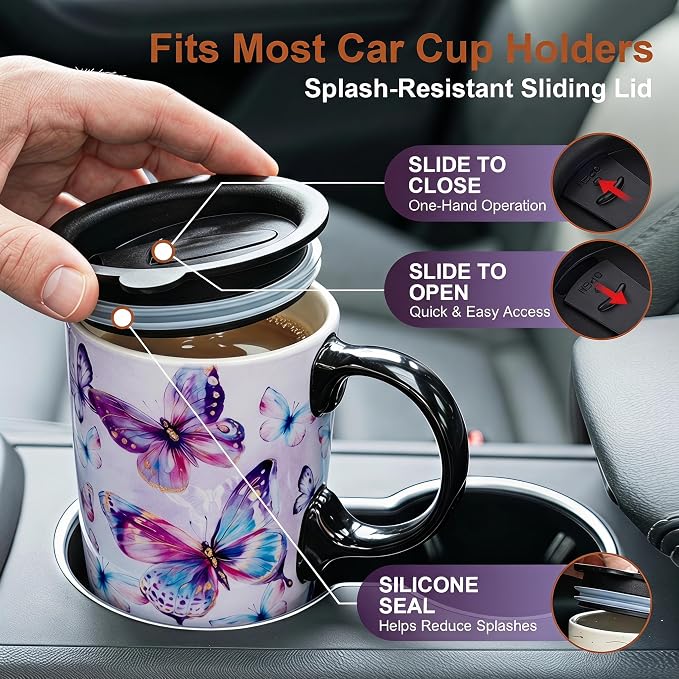 Topadorn 17oz Ceramic Travel Mug with Lid, Coffee Cup with Gift Box | Watercolor Butterfly Coffee Mug with Handle, Microwave & Dishwasher Safe, Gift Box Included