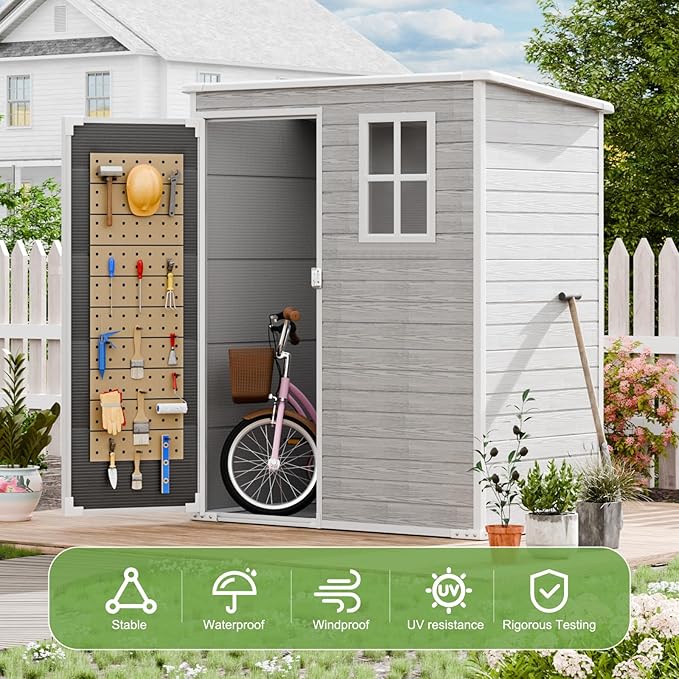 5x3 FT Outdoor Storage Shed, Waterproof Thicker Small Resin Shed with Floor & Lockable Door & Window & Vents, Plastic Tool Shed for Backyard, Patio, Poolside, Outside, Dove Grey