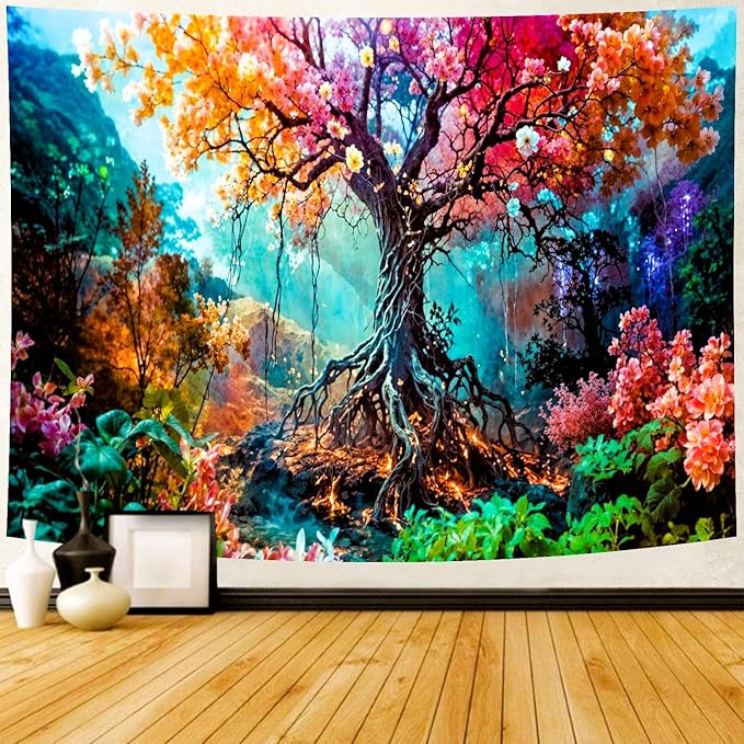 Delur Forest Tapestry Tree of Life Fantasy Tropical Rainforest Tapestry Wall Hanging Colorful Nature Mystical Landscape Psychedelic Spiritual Headboard for Bedroom Living Room Home Decor (59.1" x 78.7")