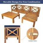 5-Piece Outdoor Patio Furniture Sectional Sets, Wooden L-shaped Corner Sofa Seating with Tea Table and Removable, Backyard Gardern Deck, Natural Finish+ Blue Cushions
