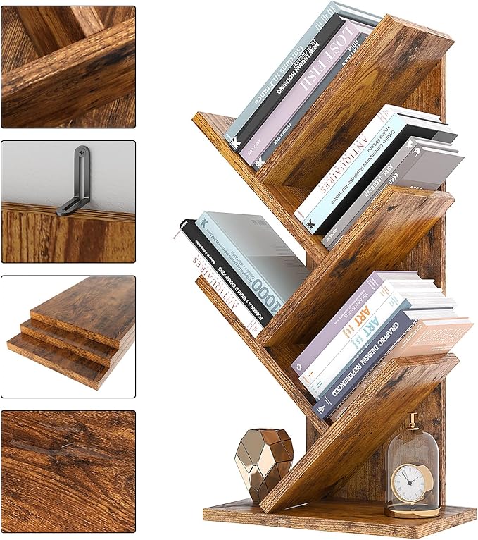 YMYNY 4 Tier Tree Bookshelf, Small Bookcase, Modern Wood Book Storage Rack, Freestanding Book shelf for Books/Movies/CDs, Narrow Display Rack for Living Room, Home Office, Rustic Brown UHBC014H