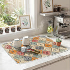 Bohemian Vintage Dish Drying Mat for Kitchen Counter Coffee Bar 18x24 in | Decorative Non Slip Absorbent Kitchen Dishes Drainer Mat, with Anti-slip Rubber Backing & Hanging Loop, for Sink, Home Gift