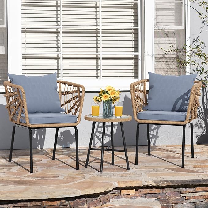 YITAHOME Wicker 3-Piece Outdoor Bistro Set, All-Weather Patio Conversation Set for Balcony, Backyard, Pool, Porch, Deck, Outdoor Sectional Furniture Set with Table & Cushions - Grey