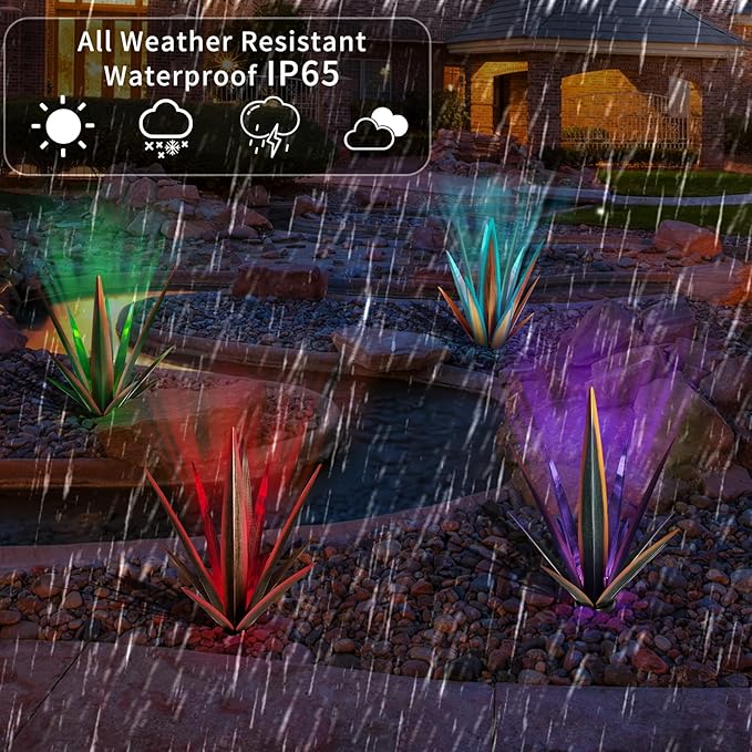 Large Tequila Rustic Sculpture, Rustic Metal Agave Plants for Outdoor Patio Yard, Home Decor Hand Painted Metal Agave Garden Yard Statue, Outdoor Lawn Ornaments (Red - L (W/Solar Light))