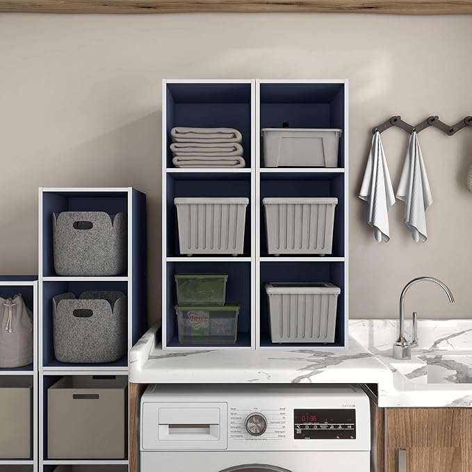 Apexa 3 Cube Storage Organizer Shelves, Stackable Wood Bookcase Fits Cubby Bins for Organization, Dorm Teen Room Decor & Home Office, Steel Blue