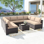 Patio Furniture Set 9PCS Outdoor Furniture for Backyard Wicker Sectional Sofa Set, Rattan Patio Conversation Set with Thickened Cushions and Glass Coffee Table, Sand