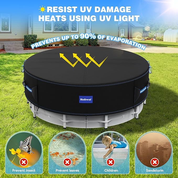 18 Ft Round Pool Cover with Reflective Strips, 420D Swimming Pool Cover for Above Ground Pools, Solar Cover with Drawstring and Ground Nails for Dustproof, UV Protected
