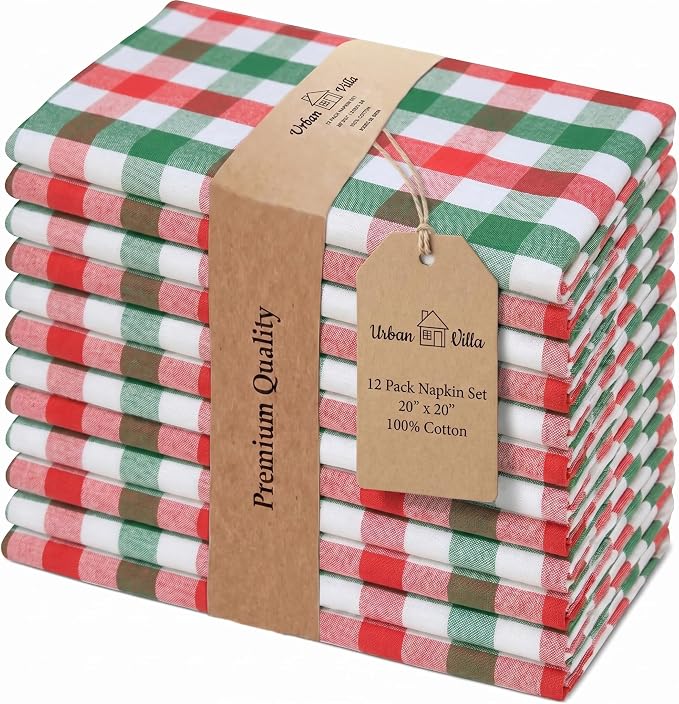 Urban Villa Cloth Napkins Cotton 12x12 (Set of 12) Red/Green/White