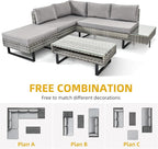 DWVO Patio Furniture Set, Sectional L-Shaped Sofa, for Patio Backyard Poolside Porch, Wicker Conversation Set with Coffee Table & Cushions, Detachable Lounger, All-Weather Rattan, Grey