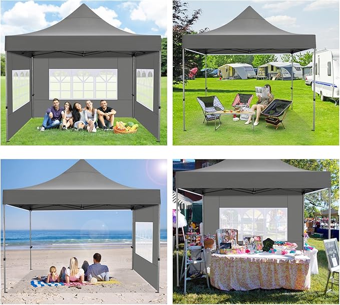 COBIZI 10x10 Pop up Canopy Tent with 4 Sidewalls, Waterproof Heavy Duty Commercial Canopy for Parties, Outdoor Tent, Garden Gazebo, Carry Bag with Wheel (10x10ft, Gray)