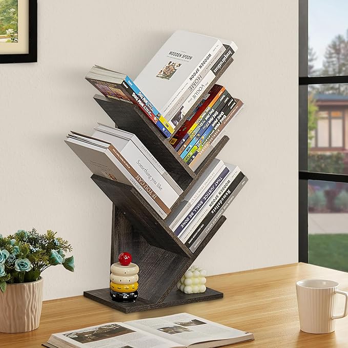 5 Tier Tree Book Shelf, Small Desktop Bookshelf with Storage Organizer, Wood Bookcase, Desk Display Bookshelves, Floor Standing Organizer Bookcases for Living Room,Bedroom,Office-Dark Grey