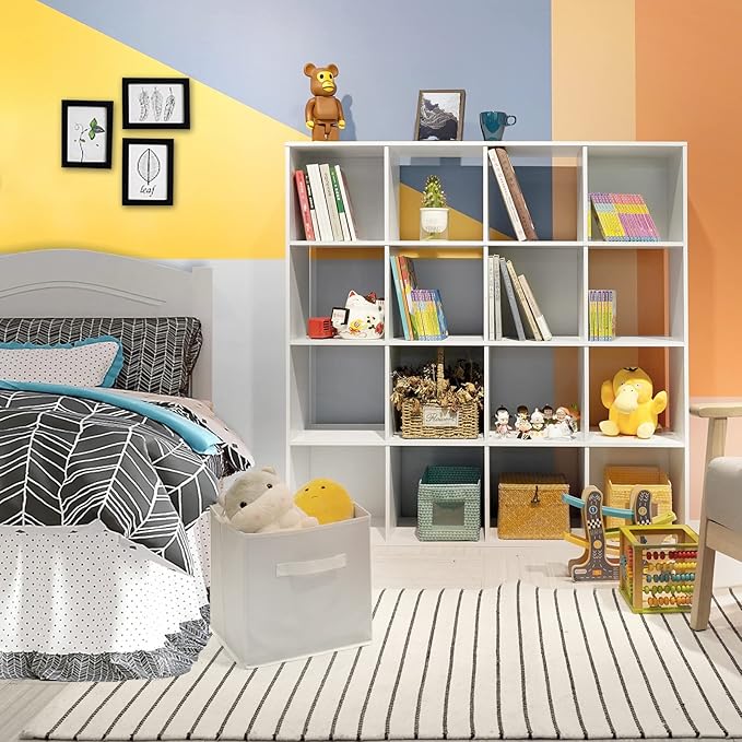 PACHIRA E-Commerce US Toy Storage Shelf, 16-Cube White Wooden Storage Organizer Bookcase Fits 11“x11”x11“ Storage Bin, Bookshelf System Display Compartments, Sturdy Room Cube