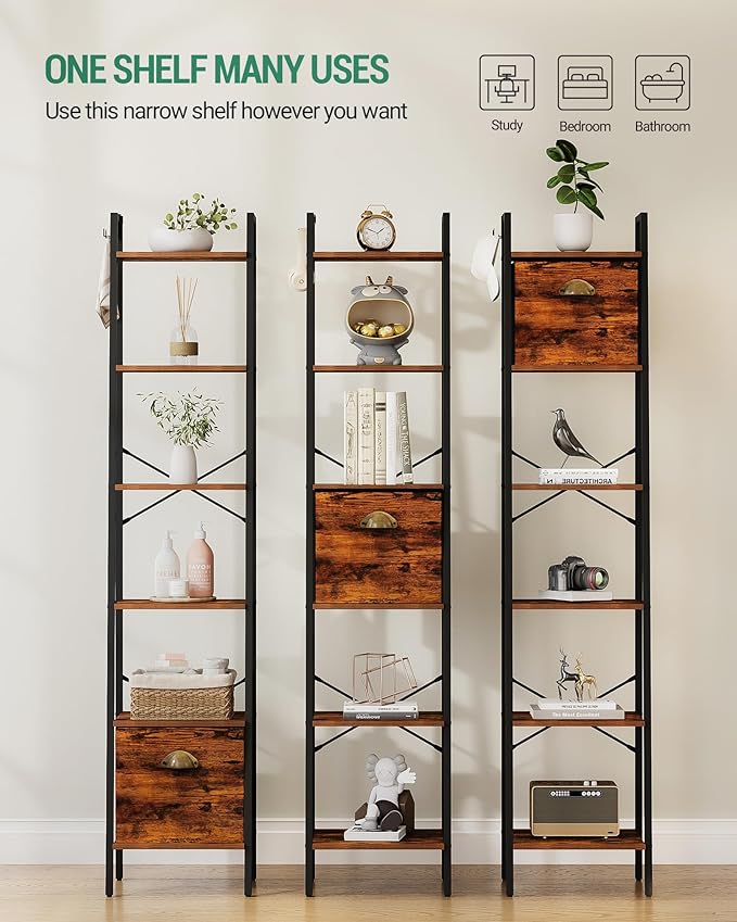 Narrow Bookshelf Bookcase with Drawer, Ladder Shelf with 2 Hooks, Bookshelves Storage Organizer, Freestanding Display Standing for Home Office, Bedroom, 6 Tier Rustic Brown BC19601B