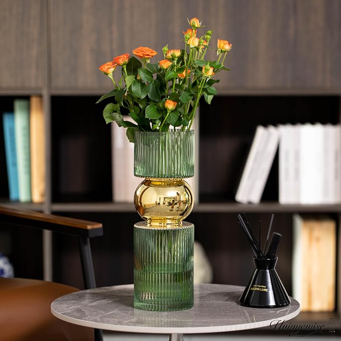 14-Inch Decorative Green Tall Glass Vase - Modern Minimalist Decor for Parties, and Special Events - Perfect Centerpiece for Coffee Tables, Living Rooms, Dining Tables, Offices, and Farmhouse Decor