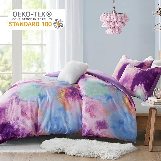 Intelligent Design Duvet Cover Queen Bedding Sets for Girls & Boys Watercolor Tie Dye Queen Duvet Cover Set Kids, Microfiber Queen Size Duvet Cover Set, Pillow Cassiopeia, Full/Queen Lavender 4 Piece