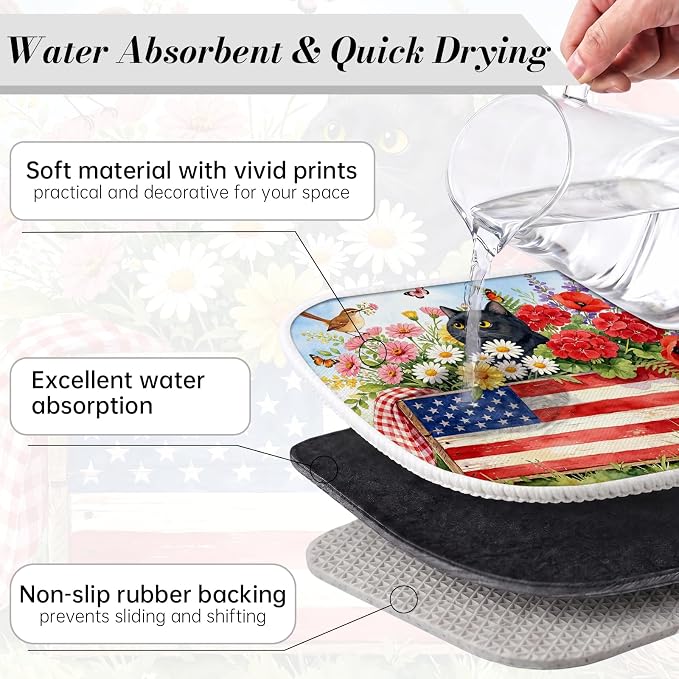 Patriotic Cats Dish Drying Mat for Kitchen Counter Coffee Bar 18x24 in | Decorative Non Slip Absorbent Kitchen Dishes Drainer Mat, with Anti-slip Rubber Backing & Hanging Loop, for Sink, Home Gift