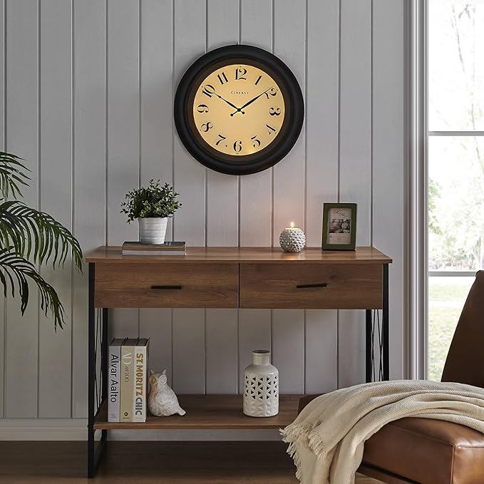 CLXEAST 18 Inch Large Illuminated Wall Clock with AI Smart Night Light Sensor,Modern Farmhouse Wall Clocks for Living Room,Bedroom,Bathroom, Kitchen, Home Office,Oil Rubbed Bronze Black