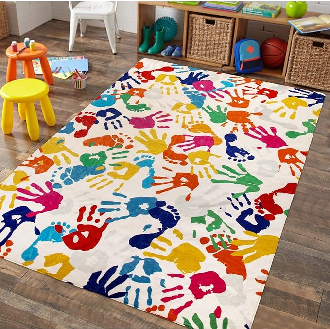 Handprints and Footprints Large Kids Rug 5'x7', Washable Colorful Area Rug for Nursery Room, Non-Slip Play Mat Ultra Soft Indoor Carpet for Bedroom Playroom Classroom