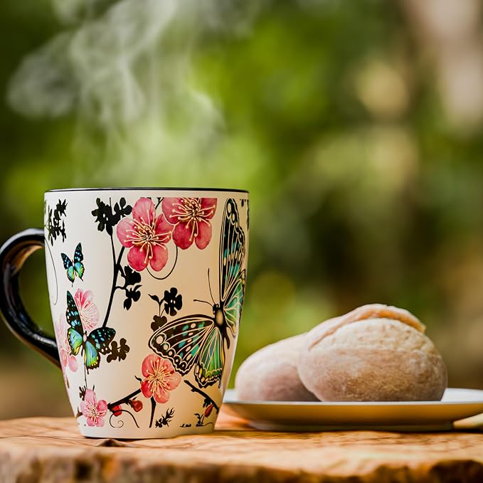 Color Changing Butterfly Coffee Mug 12OZ - Ceramic Heat Sensitive Cup Hot Cocoa Tea Milk Mugs Hot Drinks and beverages Unique Beautiful Holiday Christmas gift Idea for Nature lovers women mom grandma