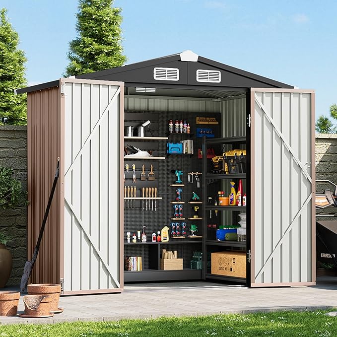 6x4 FT Outdoor Storage Shed, Metal Garden Tool Shed with Sloping Roof & Lockable Door for Patio Lawn Backyard (Brown)