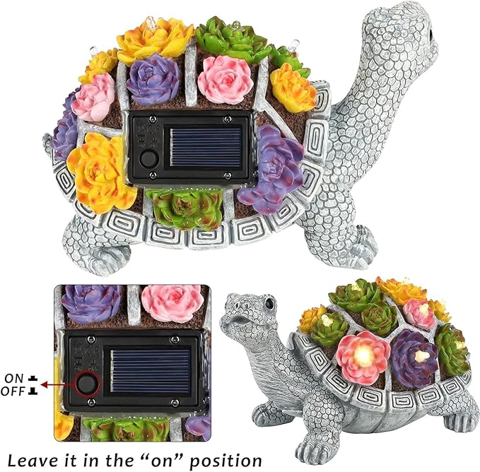 FORUP Turtle Garden Statue, Resin Turtle Figurine Garden Lawn Ornaments with Solar LED Lights for Outdoor Yard Garden Decorations, Grey