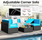 Pamapic 7-Piece Outdoor Furniture,All-Weather Wicker Modular Sectional Sofa with Patio Crystal Coffee Table, Adjustable Reclining Sectional Couch with Washable Removable Cushion Covers, Light Blue