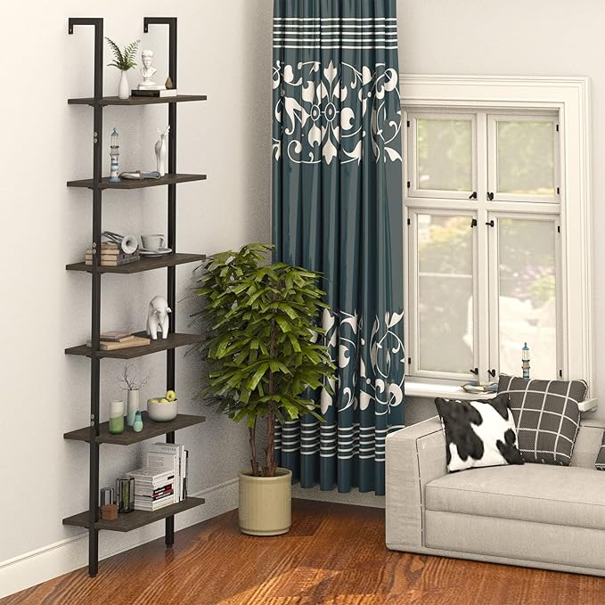 Ladder Shelf Black 6 Tiers Modern Bookshelf Room Organizer Open Tall Wall Mount Bookcase Standing Leaning Wall Shelves Industrial Decorative Living Room Bed Room