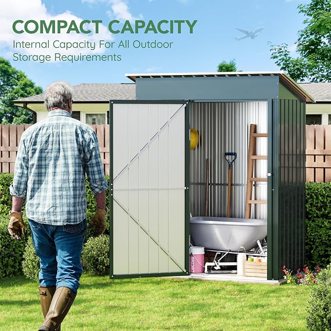 5X3X6.1FT Outdoor Steel Storage Shed with Frame Floor and Lockable Doors, Ideal for Garden, Backyard, Patio Storage