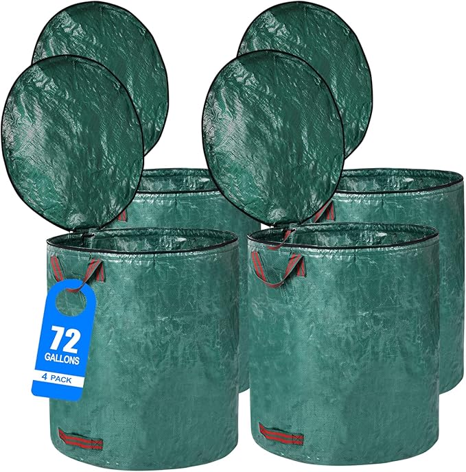 4 Pack 72 Gallons Reusable Yard Waste Bags with Lid Extra Large Lawn Leaf Bags Heavy Duty with 4 Handles Garden Waste Bags Container for Clean Up Outdoor Debris Leaves Grass Clippings