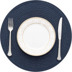 SHACOS Round Placemats Set of 4 Washable 15 inch Round Table Mats Cotton Polyester Woven Braided Place Mats for Dining Table, Navy