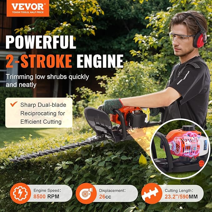 VEVOR Gas Hedge Trimmer 2 Cycle, 23.2-Inch 26cc Dual Sided Blade, Handheld, Lightweight, EPA, CE, EMC Certified, Ideal for Trimming Shrubs and Bushes, Includes Blade Cover, Gloves and Ear Protectors