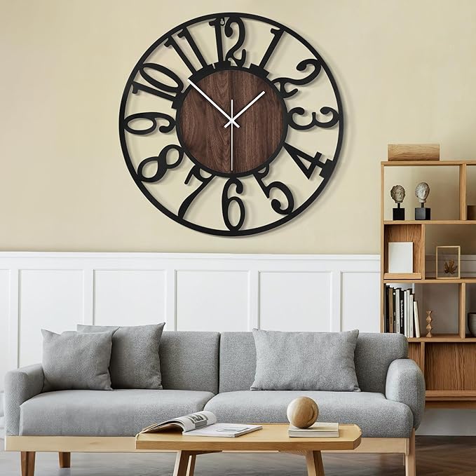 LEIKE 32" Oversized Large Wall Clocks,Silent,Non Ticking,Battery Operated Modern Round Big Wood Decorative Metal Wall Clock for Living Room, Bedroom,Kitchen,Farmhouse,Office Decor - Black,32 Inch
