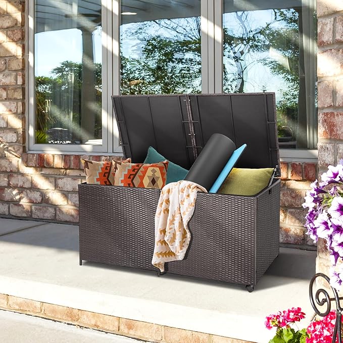RELAX4LIFE 175-Gallon Outdoor Storage Box, Wicker Rattan Outside Storage Container Bin with Zippered Liner, 2 Universal Wheels, Gas Strut, Patio Deck Box for Backyard, Front Porch