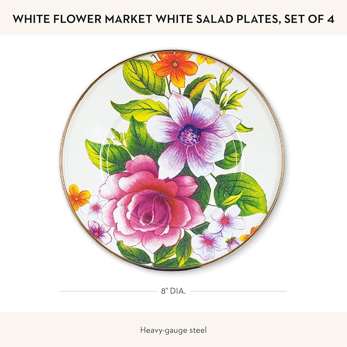 MACKENZIE-CHILDS Enamel Salad and Dessert Plate, Small Plate for a Dessert or Appetizer Dish, 8 Inches, Set of 4, White Flower Market