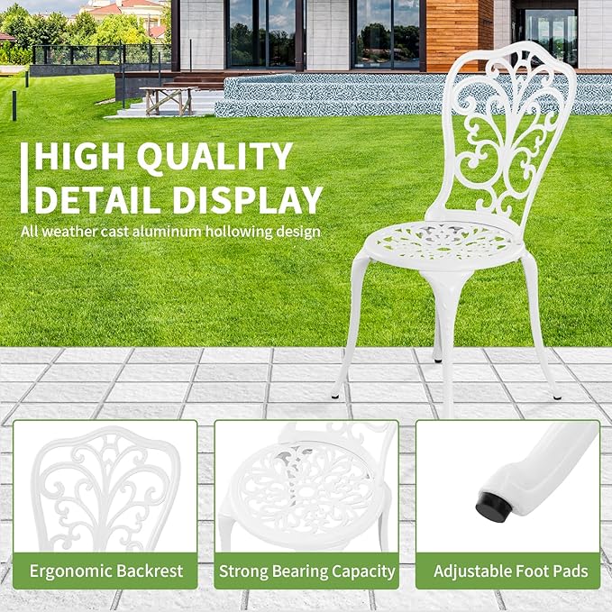 3 Piece Patio Set Outdoor Cast Aluminum Patio Bistro Table and Chairs Set of 2,All Weather Outdoor Bistro Sets with 1.97" Umbrella Hole for Front Porch Set,Garden(White)
